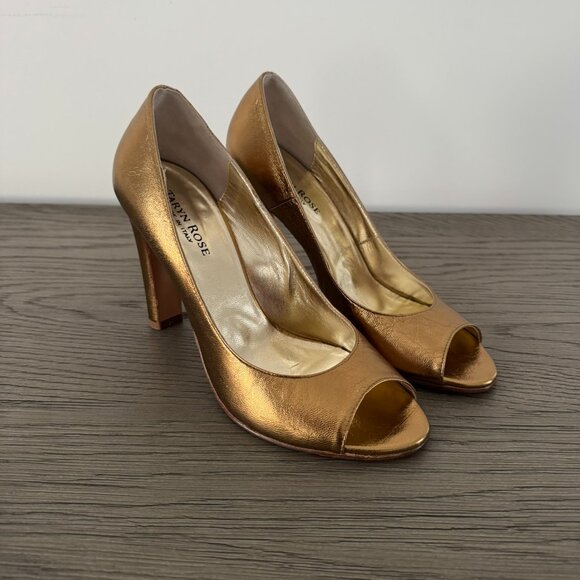 TARYN ROSE Gold Leather Peep Toe Pumps - Size 8 (38) - Picture 1 of 8